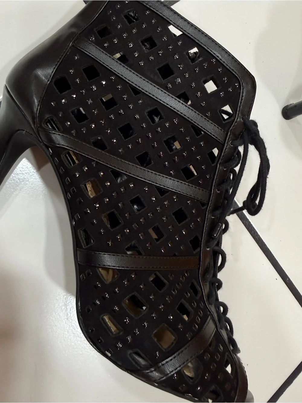 Gianni Bini 9.5 Black Studded Laser Cut Lace Up Peep Toe Stiletto Booties